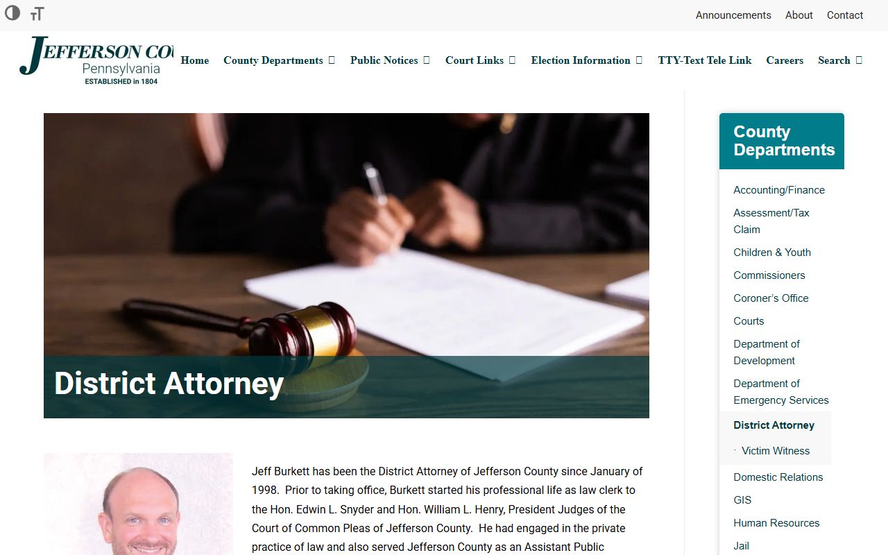 Jefferson County District Attorney page with DA Jeff Burkett information