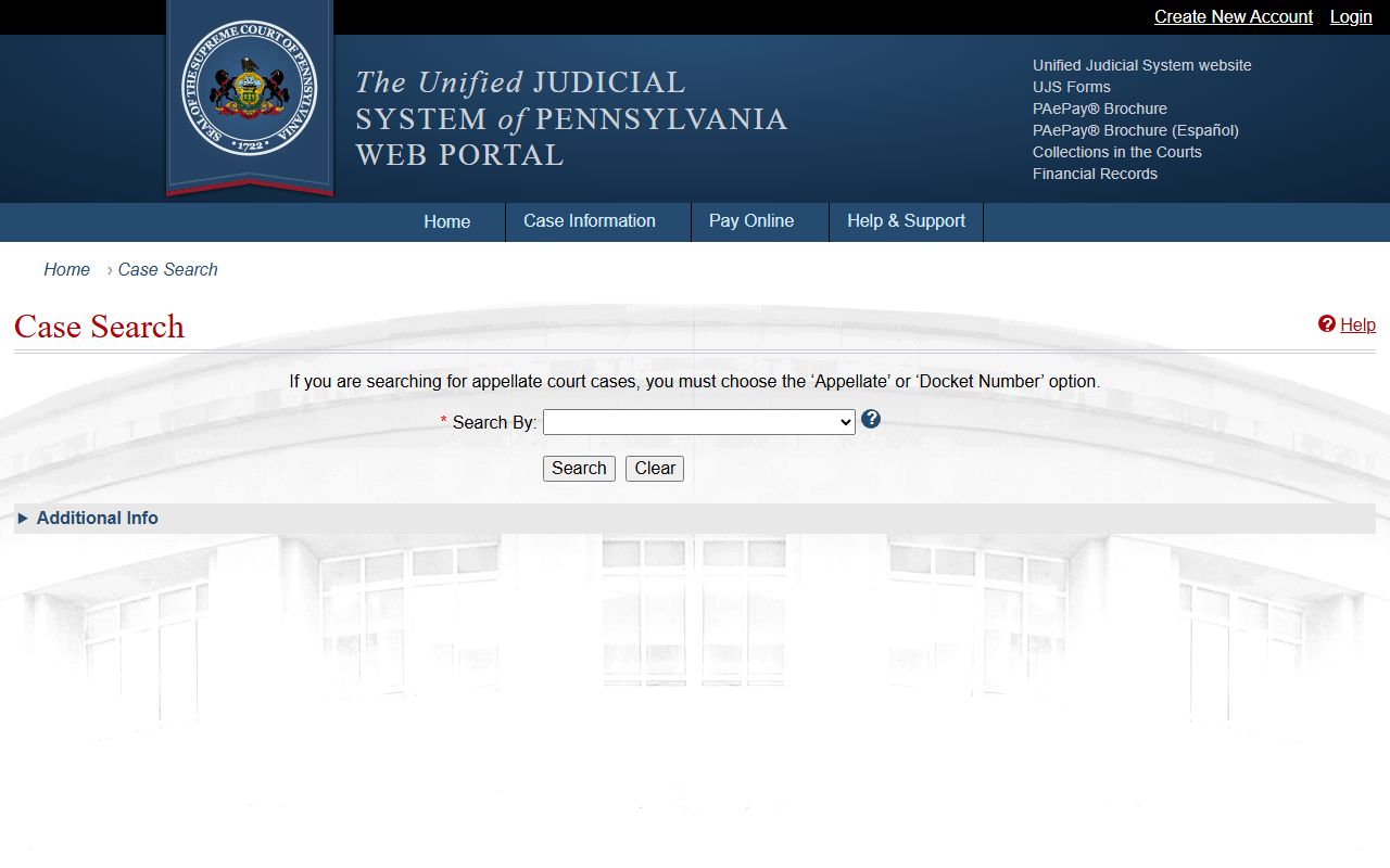 Pennsylvania UJS Case Search interface with county and judicial district filters