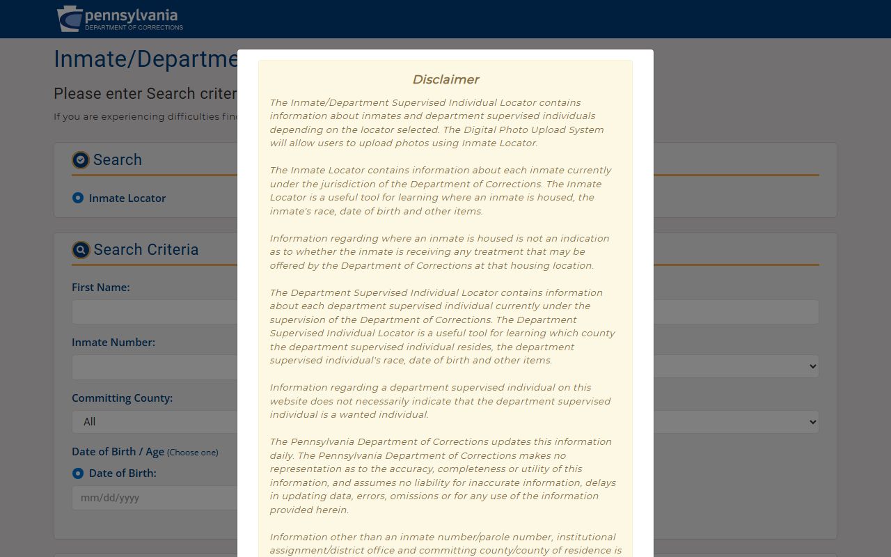 Pennsylvania DOC inmate and parolee locator application