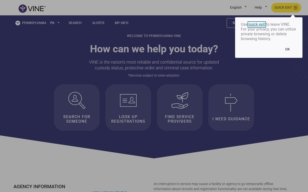 Pennsylvania VINELink custody notification portal