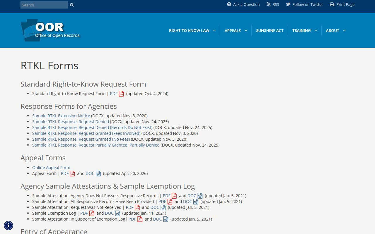 Pennsylvania Office of Open Records forms page for Jefferson County booking photo requests